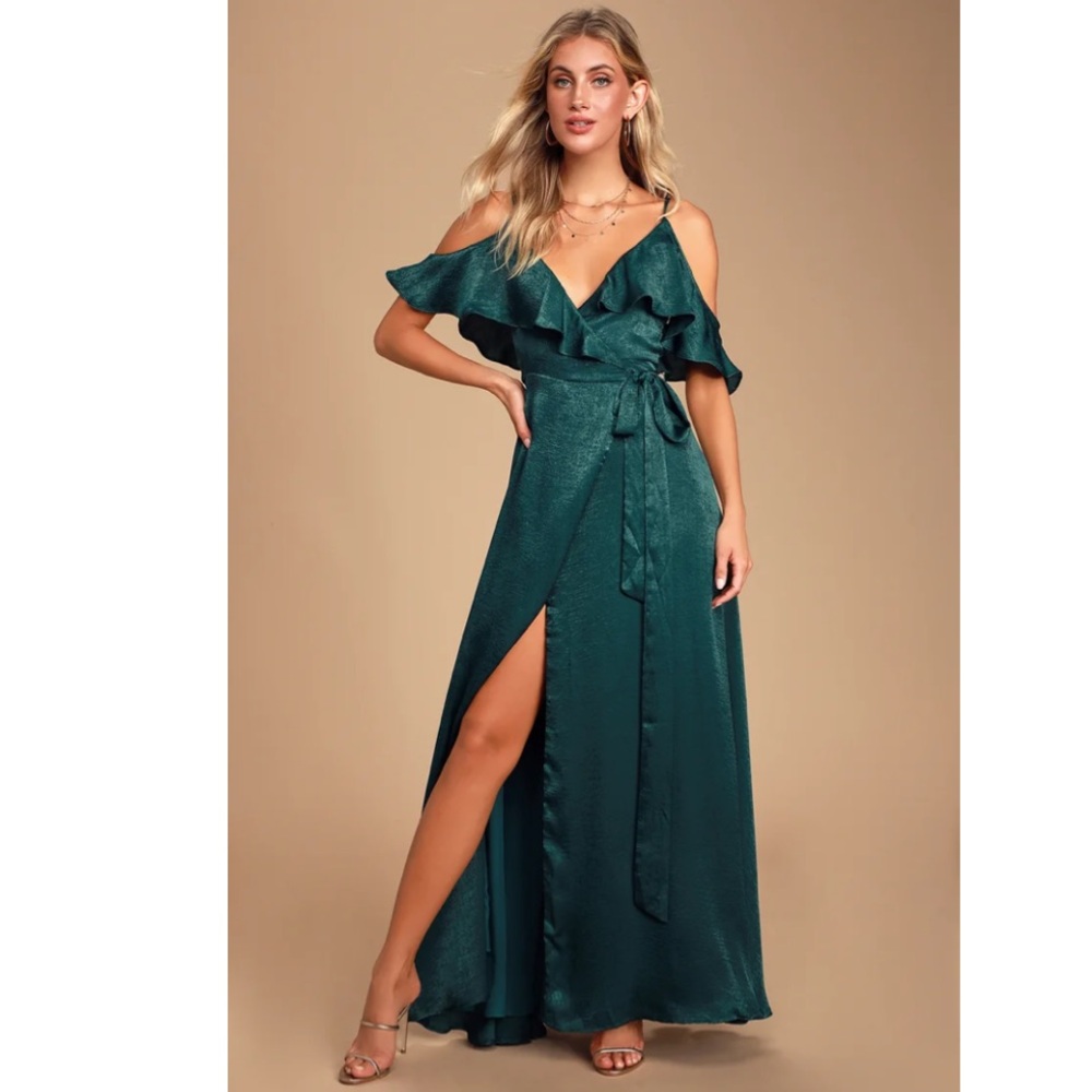 Lulu’s Moriah Emerald Green Satin Wrap Maxi Dress